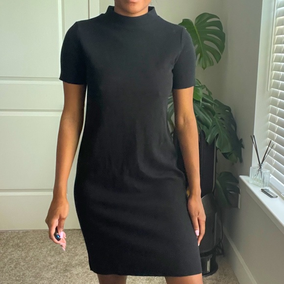 Zara Black Tan Mock Neck Midi Dress Dress Sz Small - Picture 2 of 4